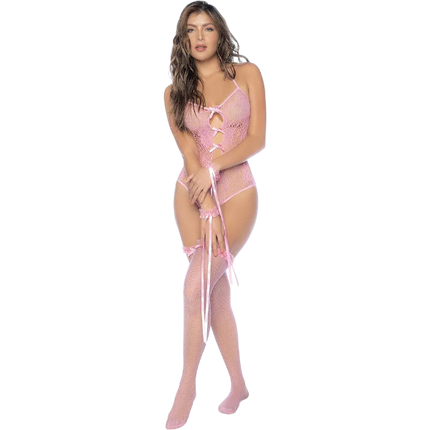 Mapalé Floral Fishnet Bodysuit Set Bubblegum Roze One Size – Lingerie